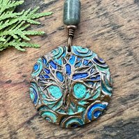 Tree of Life Pendant, Copper Colorful Patina, Connemara Marble, Hand Carved, Irish Celtic Spirals, Celtic Witch Goddess, Ancient Earthy Art