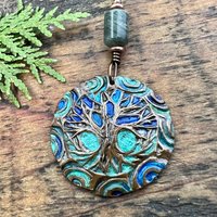 Tree of Life Pendant, Copper Colorful Patina, Connemara Marble, Hand Carved, Irish Celtic Spirals, Celtic Witch Goddess, Ancient Earthy Art