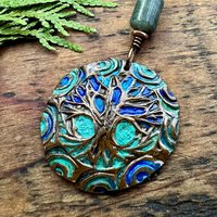 Tree of Life Pendant, Copper Colorful Patina, Connemara Marble, Hand Carved, Irish Celtic Spirals, Celtic Witch Goddess, Ancient Earthy Art