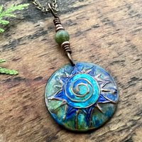 Celtic Sun Spiral Necklace, Copper Patina Pendant, Connemara Marble, Irish Celtic Spirals, Colorful Sun, Blue Green, Pagan Celtic Witch Gift