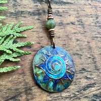 Celtic Sun Spiral Necklace, Copper Patina Pendant, Connemara Marble, Irish Celtic Spirals, Colorful Sun, Blue Green, Pagan Celtic Witch Gift
