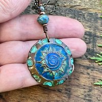 Celtic Sun Spiral Necklace, Copper Patina Pendant, Czech Glass Bead, Irish Celtic Spirals, Colorful Sun, Blue Green, Pagan Celtic Witch Gift