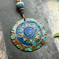 Celtic Sun Spiral Necklace, Copper Patina Pendant, Czech Glass Bead, Irish Celtic Spirals, Colorful Sun, Blue Green, Pagan Celtic Witch Gift