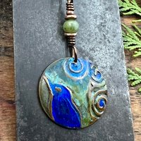 Copper Raven Pendant, Colorful Patina, Connemara Marble, Hand Carved, Irish Celtic Spirals, Celtic Witch Goddess, Crow Corvid Birds, Earthy