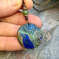 Copper Raven Pendant, Colorful Patina, Connemara Marble, Hand Carved, Irish Celtic Spirals, Celtic Witch Goddess, Crow Corvid Birds, Earthy