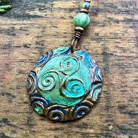 Triskele Copper Pendant, Verdigris Patina, Hand Carved, Connemara Marble, Triskelion Triple Spiral, Irish Celtic Pagan, Newgrange Ireland