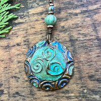 Triskele Copper Pendant, Verdigris Patina, Hand Carved, Connemara Marble, Triskelion Triple Spiral, Irish Celtic Pagan, Newgrange Ireland