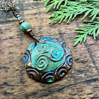 Triskele Copper Pendant, Verdigris Patina, Hand Carved, Connemara Marble, Triskelion Triple Spiral, Irish Celtic Pagan, Newgrange Ireland