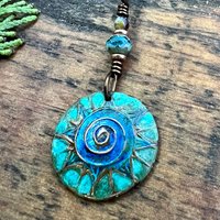 Celtic Sun Spiral Necklace, Copper Patina Pendant, Czech Glass Bead, Irish Celtic Spirals, Colorful Sun, Blue Green, Pagan Celtic Witch Gift