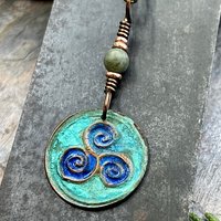 Triskele Copper Pendant, Verdigris Patina, Hand Carved, Connemara Marble, Triskelion Triple Spiral, Irish Celtic Pagan, Newgrange Ireland