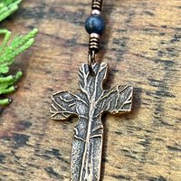 Tree Cross Charm, Copper Pendant, Tree Branches, Kilkenny Black Marble, Irish Celtic, Leather & Vegan Cords, Art Jewelry, Tree of Life Druid