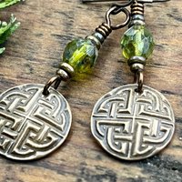 Celtic Knot, Bronze Earrings, Irish Celtic Jewelry, Green Czech Glass, Celtic Knots, St Patrick's Day, Eternity, Triple Goddess