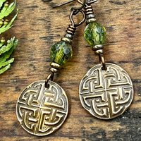 Celtic Knot, Bronze Earrings, Irish Celtic Jewelry, Green Czech Glass, Celtic Knots, St Patrick's Day, Eternity, Triple Goddess