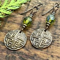 Celtic Knot, Bronze Earrings, Irish Celtic Jewelry, Green Czech Glass, Celtic Knots, St Patrick's Day, Eternity, Triple Goddess