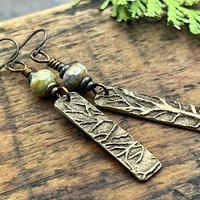 Tree Branch Earrings, Long Bronze Earrings, Czech Glass Beads, Green Witch, Pagan Celtic Druid, Earthy Organic, Handcrafted Art Jewelry