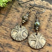Tree of Life Earrings, Bronze Discs, Czech Glass Beads, Hypoallergenic Ear Wires, Earthy Jewelry, Hand Carved Trees, Boho Chic Style