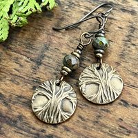 Tree of Life Earrings, Bronze Discs, Czech Glass Beads, Hypoallergenic Ear Wires, Earthy Jewelry, Hand Carved Trees, Boho Chic Style