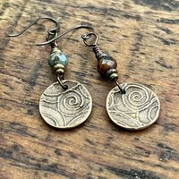 Tree of Life Earrings, Bronze Discs, Czech Glass Beads, Hypoallergenic Ear Wires, Earthy Jewelry, Hand Carved Trees, Boho Chic Style