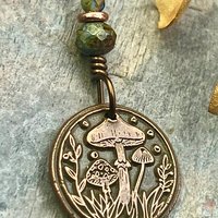 Mushroom Copper Pendant, Wax Seal Charm, Czech Glass Beads, Green Witch Jewelry, Earthy Rustic, Fungi Necklace, Leather and Vegan Cords