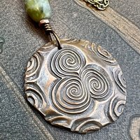 Newgrange Copper Pendant, Connemara Marble, Triskelion Triple Spiral, Irish Celtic Pagan, County Meath, Ireland, Celtic Witch, Irish Gifts