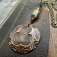 Newgrange Copper Pendant, Connemara Marble, Triskelion Triple Spiral, Irish Celtic Pagan, County Meath, Ireland, Celtic Witch, Irish Gifts