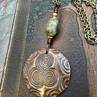 Newgrange Copper Pendant, Connemara Marble, Triskelion Triple Spiral, Irish Celtic Pagan, County Meath, Ireland, Celtic Witch, Irish Gifts