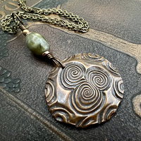 Newgrange Copper Pendant, Connemara Marble, Triskelion Triple Spiral, Irish Celtic Pagan, County Meath, Ireland, Celtic Witch, Irish Gifts