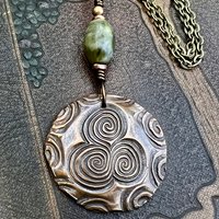 Newgrange Copper Pendant, Connemara Marble, Triskelion Triple Spiral, Irish Celtic Pagan, County Meath, Ireland, Celtic Witch, Irish Gifts