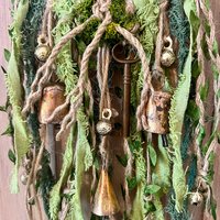 Tree of Life Witch Bells, Home & Door Protection, Doorknob Hanger, 5 Inch Mossy Wreath, Housewarming Gifts, Spirit Altar Bells, Recycled Ribbons