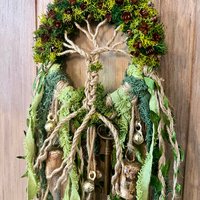 Tree of Life Witch Bells, Home & Door Protection, Doorknob Hanger, 5 Inch Mossy Wreath, Housewarming Gifts, Spirit Altar Bells, Recycled Ribbons