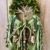 Tree of Life Witch Bells, Home & Door Protection, Doorknob Hanger, 5 Inch Mossy Wreath, Housewarming Gifts, Spirit Altar Bells, Recycled Ribbons