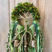 Tree of Life Witch Bells, Home & Door Protection, Doorknob Hanger, 5 Inch Mossy Wreath, Housewarming Gifts, Spirit Altar Bells, Recycled Ribbons