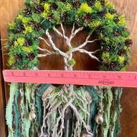 Tree of Life Witch Bells, Home & Door Protection, Doorknob, 9 Inch Mossy Wreath, Housewarming Gifts, Spirit Altar Bells, Recycled Ribbons