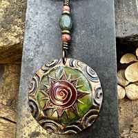 Celtic Sun Spiral Necklace, Copper Patina Pendant, Connemara Marble, Irish Celtic Spirals, Colorful Sun, Red Green, Pagan Celtic Witch Gift