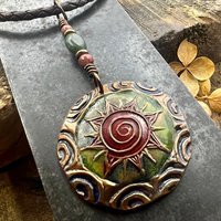 Celtic Sun Spiral Necklace, Copper Patina Pendant, Connemara Marble, Irish Celtic Spirals, Colorful Sun, Red Green, Pagan Celtic Witch Gift
