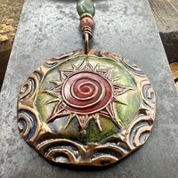 Celtic Sun Spiral Necklace, Copper Patina Pendant, Connemara Marble, Irish Celtic Spirals, Colorful Sun, Red Green, Pagan Celtic Witch Gift