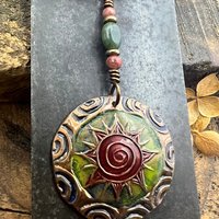 Celtic Sun Spiral Necklace, Copper Patina Pendant, Connemara Marble, Irish Celtic Spirals, Colorful Sun, Red Green, Pagan Celtic Witch Gift