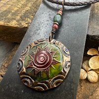 Celtic Sun Spiral Necklace, Copper Patina Pendant, Connemara Marble, Irish Celtic Spirals, Colorful Sun, Red Green, Pagan Celtic Witch Gift