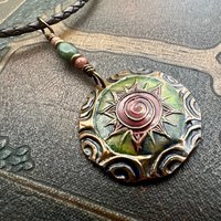 Celtic Sun Spiral Necklace, Copper Patina Pendant, Connemara Marble, Irish Celtic Spirals, Colorful Sun, Red Green, Pagan Celtic Witch Gift