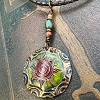 Celtic Sun Spiral Necklace, Copper Patina Pendant, Connemara Marble, Irish Celtic Spirals, Colorful Sun, Red Green, Pagan Celtic Witch Gift