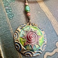 Celtic Sun Spiral Necklace, Copper Patina Pendant, Connemara Marble, Irish Celtic Spirals, Colorful Sun, Red Green, Pagan Celtic Witch Gift