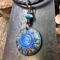 Celtic Sun Spiral Necklace, Copper Patina Pendant, Czech Glass Beads, Irish Celtic Spirals, Colorful Sun, Summer Jewelry, Pagan Celtic Witch