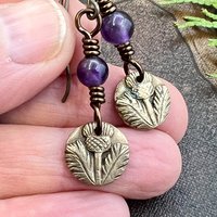 Scottish Thistle Earrings, Outlander Jewelry, Bronze Anniversary, Gifts for Her, Scotland Gifts, Amethyst Beaded Earrings