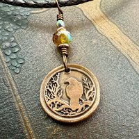 Copper Raven, Wax Seal Charm, Irish Celtic, Czech Glass, Leather & Vegan Cords, Crow Corvid, Handmade Art Jewelry, Celtic Witch, Messengers