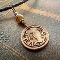Copper Raven, Wax Seal Charm, Irish Celtic, Czech Glass, Leather & Vegan Cords, Crow Corvid, Handmade Art Jewelry, Celtic Witch, Messengers