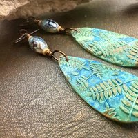 Bronze Fern Earrings, Verdigris Patina, Teardrop Dangle, Czech Glass Beads, Boho Hippie Style, Shield Earrings, Earth Witch, Art Earthy
