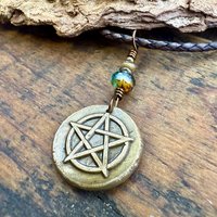 Pentagram Bronze Charm, Pentacle Pendant, Czech Glass Beads, Leather & Vegan Cords, Pagan Wicca, 5 Elements Star, Handmade, Witchy Things