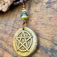Pentagram Bronze Charm, Pentacle Pendant, Czech Glass Beads, Leather & Vegan Cords, Pagan Wicca, 5 Elements Star, Handmade, Witchy Things