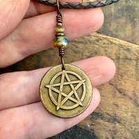 Pentagram Bronze Charm, Pentacle Pendant, Czech Glass Beads, Leather & Vegan Cords, Pagan Wicca, 5 Elements Star, Handmade, Witchy Things