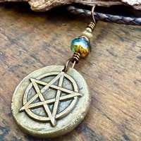 Pentagram Bronze Charm, Pentacle Pendant, Czech Glass Beads, Leather & Vegan Cords, Pagan Wicca, 5 Elements Star, Handmade, Witchy Things